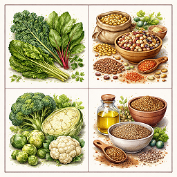 Greens, legumes, cruciferous vegetables, and flax