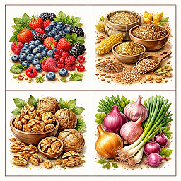 Berries, whole grains, walnuts, and onions