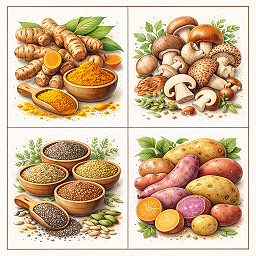 Turmeric, mushrooms, seeds, and tubers